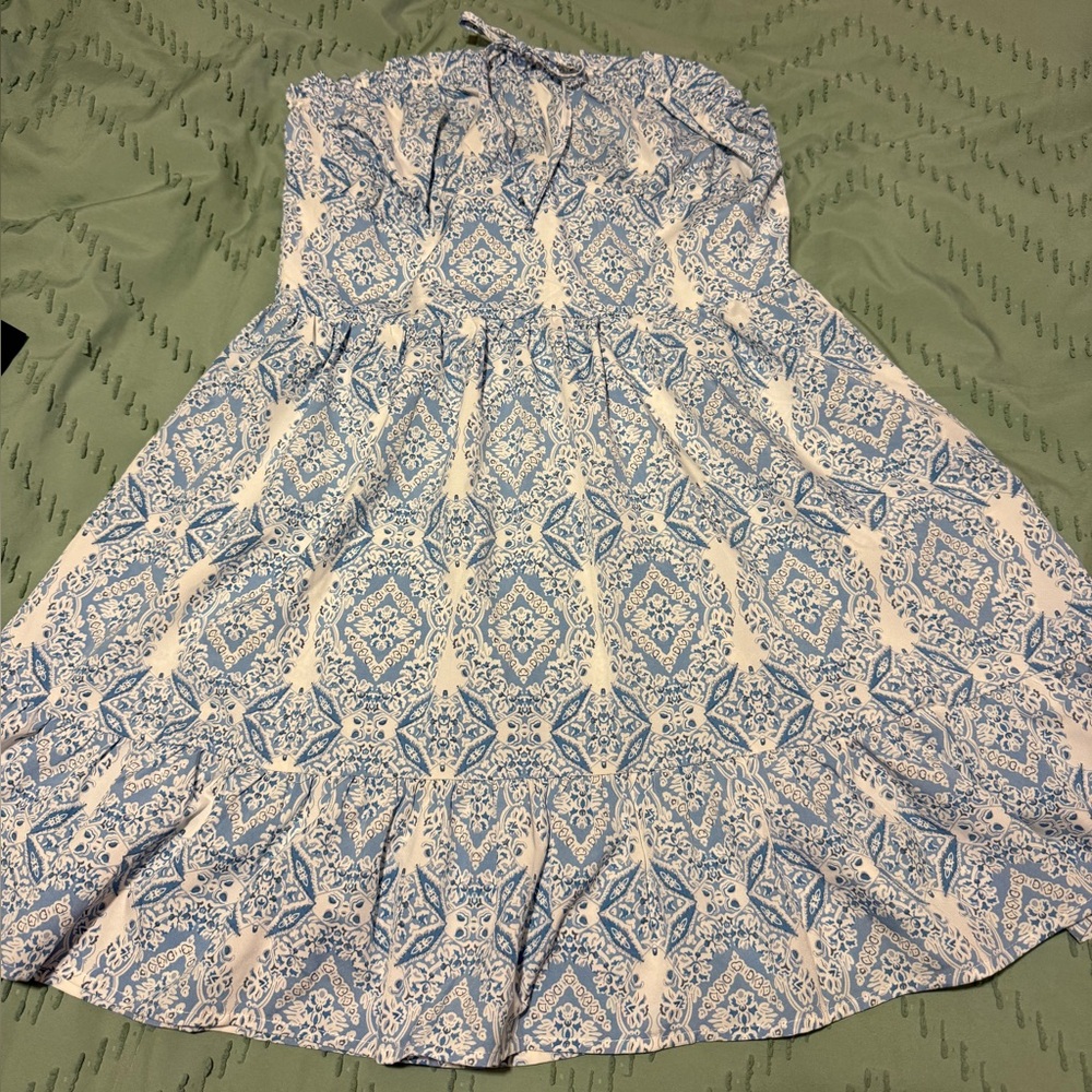 SHEIN Blue and White Strapless Dress